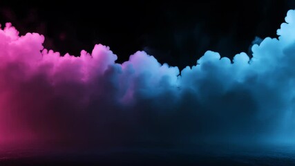 Abstract ground-level view of pink and blue smoke against a black background - Powered by Adobe