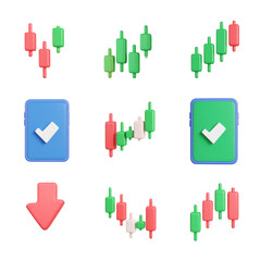 Financial market analysis is visualized with candlestick charts and confirmation icons.