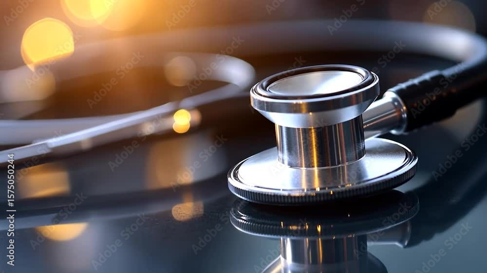 Poster close-up shot of a stethoscope on a reflective surface with bokeh background. focused on the metalli