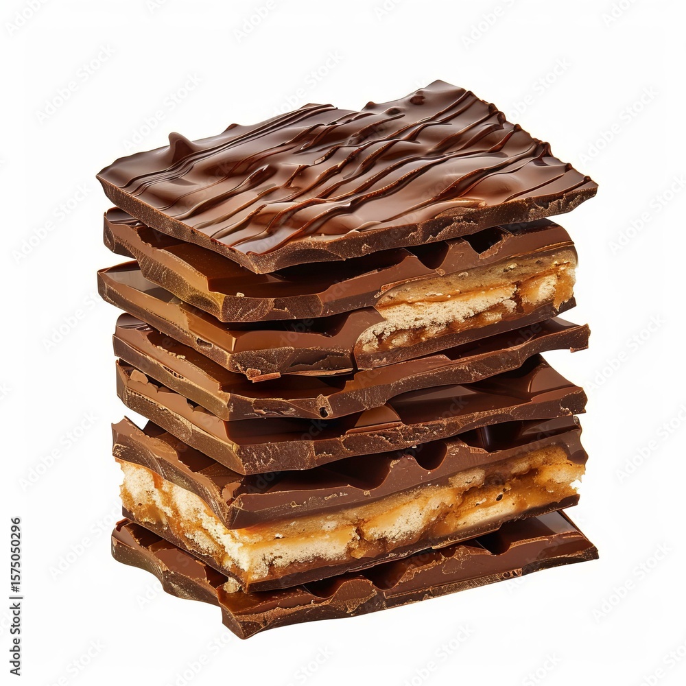 Aufkleber chocolate bars with crispy wafers and praline filling are stacked on a white background, creating a 
