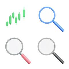 Financial analysis tools show market trends with magnifying glasses and chart data.