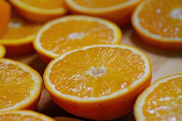 Sliced oranges arranged on a wooden surface, creating a colorful and refreshing display