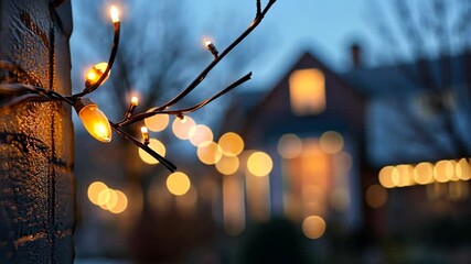 Close-up view of warm fairy lights on a brick surface with a blurred background of bokeh lights and a house exterior at dusk or dawn - Powered by Adobe