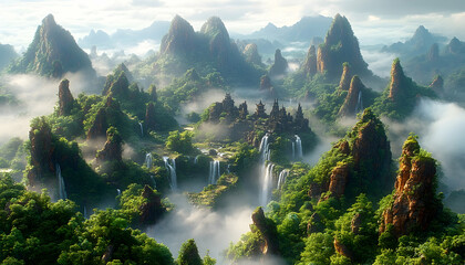 Lush green mountain landscape with waterfalls flowing through valleys, blanketed in mist under a bright sky