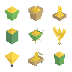 Isometric grains and wheat harvest in various containers suggest agricultural abundance and yield.