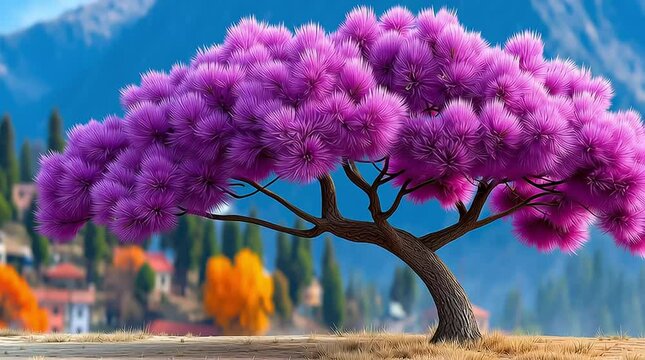 Smoke Tree (Cotinus coggygria) A dramatic Smoke Tree with feathery purple flower clusters, evoking mystical allure, glowing in the evening light, against a backdrop of a misty hillside.