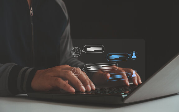 Digital customer service agent concept. Live chat support system with online communication, virtual assistant, chatbot, AI automation, technology for business help desk solutions. Person using laptop