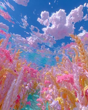 A large golden wheat field surrounding crystal clear water viewed from a diver perspective with vibrant flowers and towering clouds forming a surreal dreamcore countryside