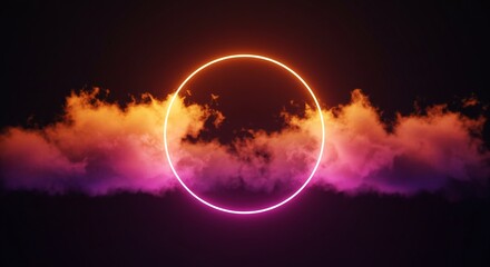 A luminous circle with gradient hues of orange and pink illuminated by colorful clouds in varying shades against a dark backdrop.
