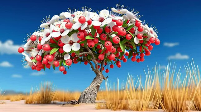 Hawthorn (Crataegus spp.) A sturdy Hawthorn tree with clusters of white blossoms and red berries, evoking resilient beauty, standing strong in a gentle wind, in a rustic meadow with wild grasses. 