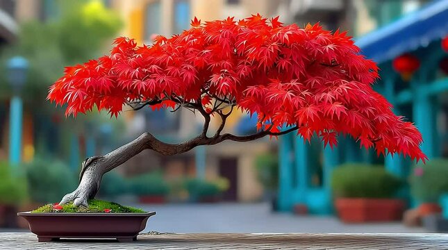 full tree Japanese Maple (Acer palmatum):** A vibrant Japanese Maple with delicate, fiery red leaves, exuding serene elegance, gently swaying in a soft breeze, set against a tranquil garden with dappl