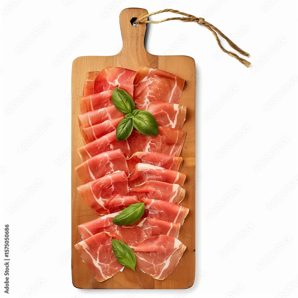 Poster slices of prosciutto with basil leaves arranged on a wooden cutting board, creating an appetizing pr