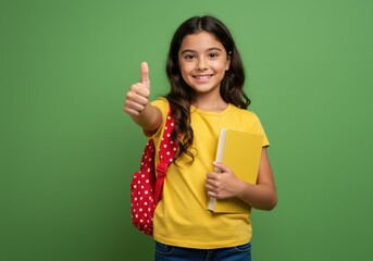 A young student is giving a thumbs up while holding a book.