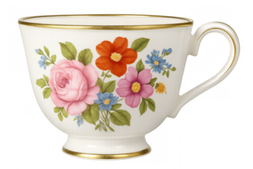 White porcelain teacup featuring colorful floral decoration and golden rim, isolated on transparent background