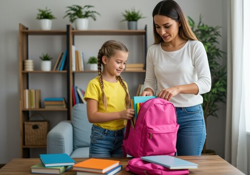 Mother and daughter packing a backpack with school supplies for the school year