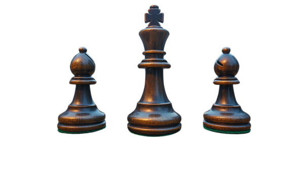 Give real effect from photo.  Transparent PNG. Chess king and bishops isolated with realistic lighting.