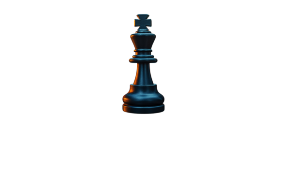 Give real effect from photo.  Transparent PNG. Black king chess piece isolated on white background with dramatic lighting.