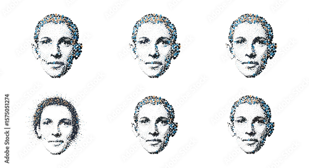 Poster six faces in a grid pattern created with small dots on a white background artistic representation