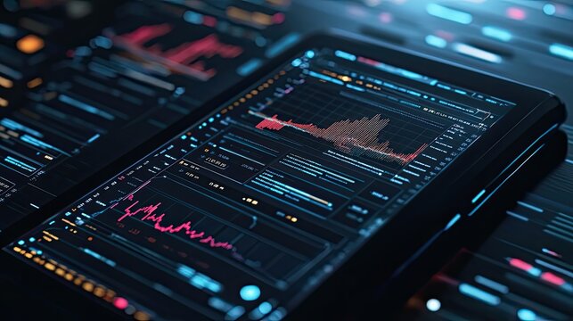 Smartphone displaying multiple graphs, charts, and metrics in a sleek user interface designed for financial tracking, trading, or crypto analysis. Generative by AI - Powered by Adobe