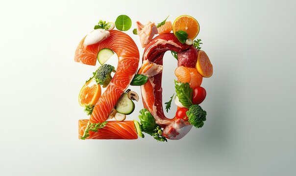 Creative display of number 20 made of fish, vegetables, beef, and bread floating on a white background