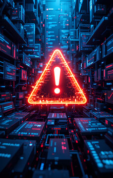 Cyber Attack Visual Concept: Hacked Computer, AI Malware, and Flashing Error Symbol

