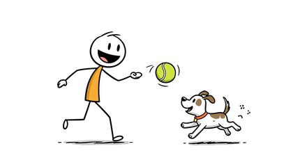 Happy man playing fetch with his dog.  A stick figure illustration of a joyful moment between owner and pet