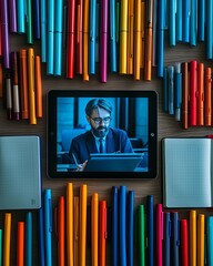 A tablet displaying a man surrounded by colorful pens and notebooks on a wooden surface view from above. perfect for educational content, book covers, and creative storytelling.
