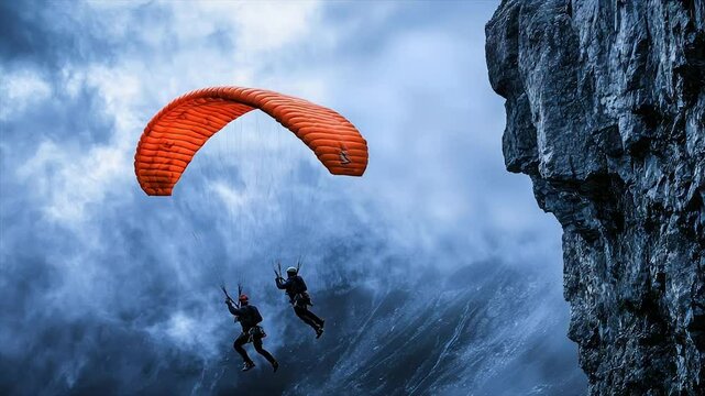 Two paragliders soar near a dramatic cliff face under a stormy sky