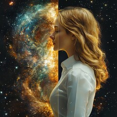 A woman in profile standing beside a nebula with stars on a dark background in a split image. perfect for educational content, book covers, and creative storytelling.