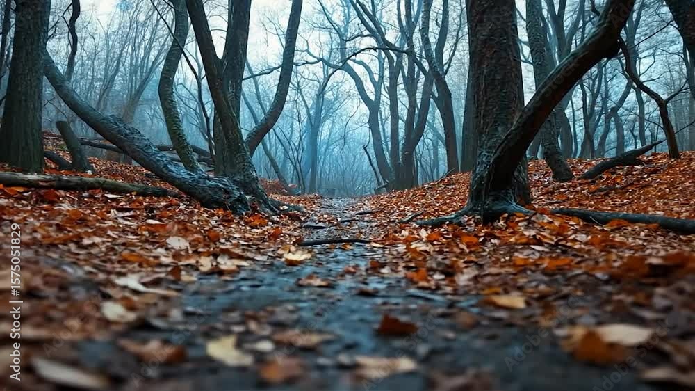 Poster autumn forest path with fallen leaves and mist creating a moody atmosphere. brown foliage and bare t