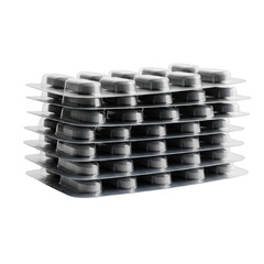 Stack of gray pill blister packs isolated on transparent background