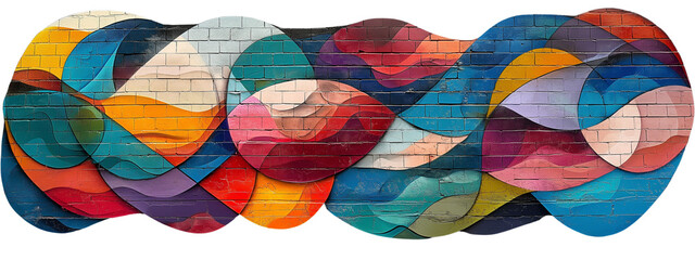 Give real effect from photo.  Transparent PNG. Abstract multicolor mural painted on brick wall. Ideal for creative design inspiration, urban art promotions, or artistic blog content.