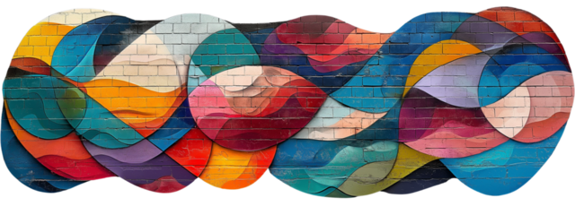 Abstract multicolor mural painted on brick wall. Ideal for creative design inspiration, urban art promotions, or artistic blog content. Isolated on transparent background, png