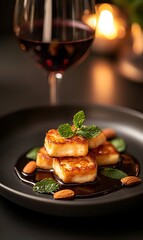 Fried halloumi cheese with mint honey and almonds served with a glass of red wine
