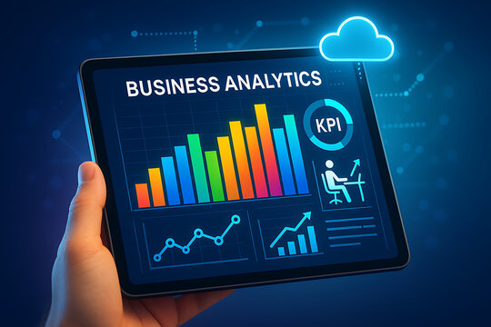 Colorful business analytics dashboard on digital tablet showing KPI metrics performance graphs and cloud computing technology for data analysis and strategic decision making in a smart workspace