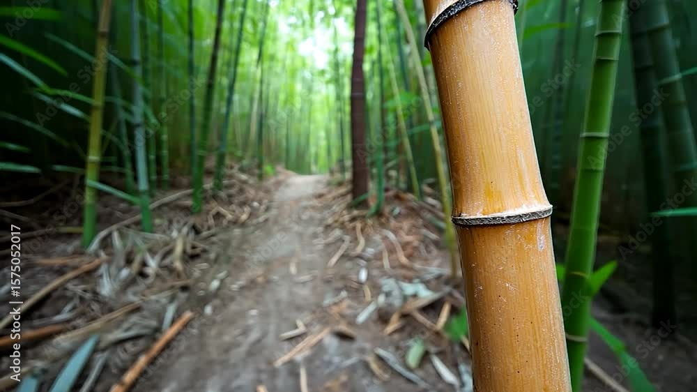 Poster pathway through a bamboo forest with a blurred background. focus on bamboo trunks and a path. green 