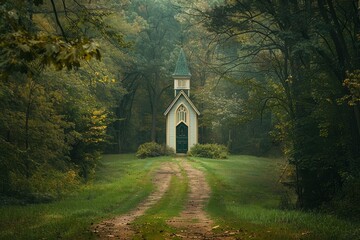 Obraz premium Small church standing in a clearing in the woods with path leading to it