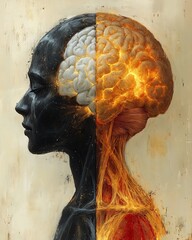A conceptual image of a human head split in half showing the brain and nervous system in detail. perfect for educational content, book covers, and creative storytelling.
