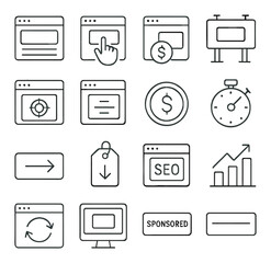 Digital Advertising line art icons. Display banner, pay-per-click icon, ad placement, online billboards, web browser window, targeted ad, impression counter, budget icon, campaign