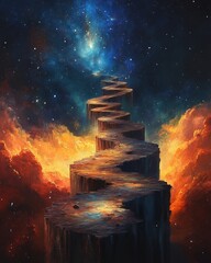A winding stone staircase leading up to a starry sky with clouds on either side of the staircase path. perfect for educational content, book covers, and creative storytelling.