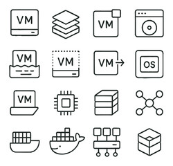 Server Virtualization line art icons. Virtual machine icon, hypervisor, VM snapshot, virtual disk, resource pool, isolation layer, VM migration, guest OS icon, VM template, virtual