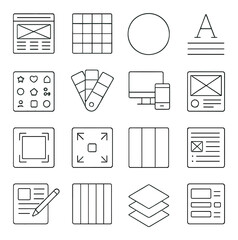 Website Design Elements line art icons. Wireframe layout, grid system, white space icon, typography sample, icon set, color palette, responsive screen icon, design prototype,