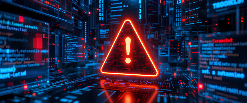 Cyber Attack Concept with Warning Symbol and AI-Driven Malware in System Error Display

