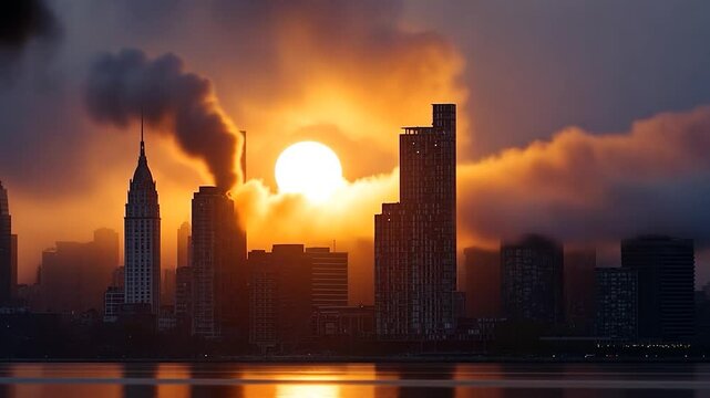 Generic city skyline at sunset with dramatic clouds golden sunlight and reflections on water creating an atmospheric scene