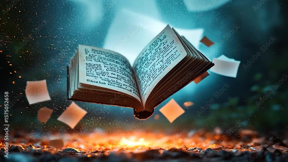 Poster mystical open book levitating with scattered pages glowing embers in foreground blurred background a