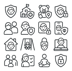 Child Safety line art icons. Kid shield, school safety, toy guard, online safety shield, parental control, health protection, identity block, emergency contact, trusted environment