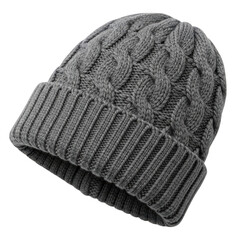 A stylish grey knitted beanie with a classic cable knit pattern isolated on transparent background