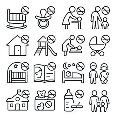 Fototapeta premium Child protection and family safety line art icons. baby cradle with no smoking sign, pacifier and crossed cigarette, children’s toy and smoke-free symbol, parent with cigarette ban