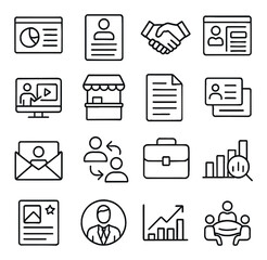 B2B Marketing Assets line art icons. Sales deck, lead form, business handshake, CRM interface, industry webinar, trade show booth, whitepaper icon, business card, prospecting email