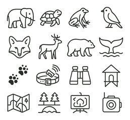Wildlife Conservation line art icons. Elephant, turtle, rainforest frog, bird icon, fox face, deer, bear, whale tail, pawprint trail, animal tracker, binoculars, forest watch,